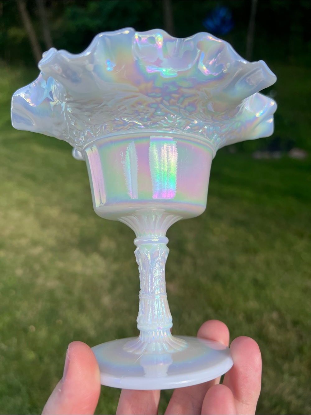Vintage Fenton Pearl Iridescent Ruffled Edge Glass Compote Candy Dish Pedestal